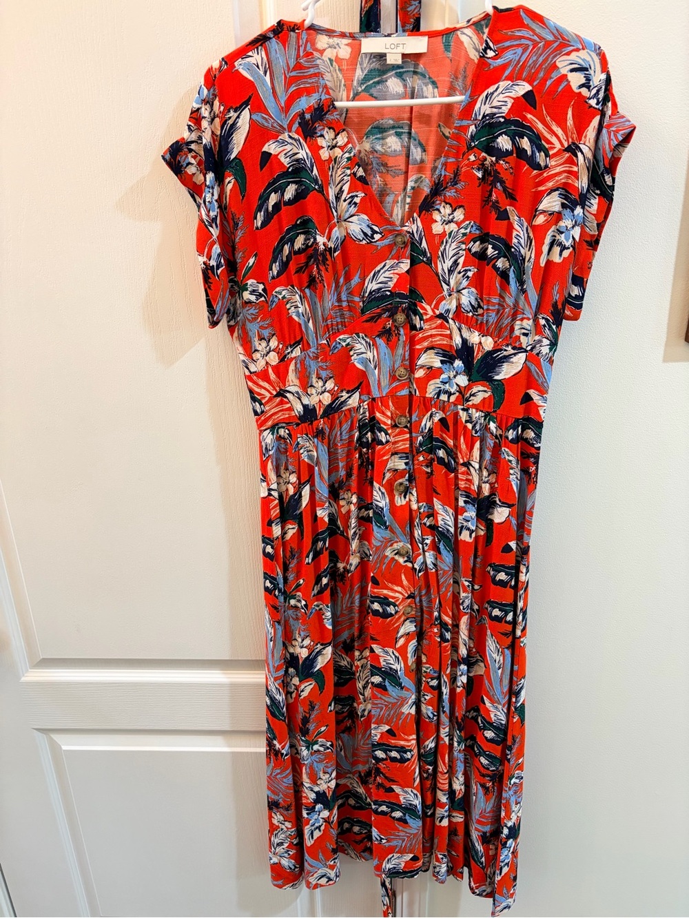 LOFT Red Tropical Floral V-Neck Midi Dress with Blue & White Leaves